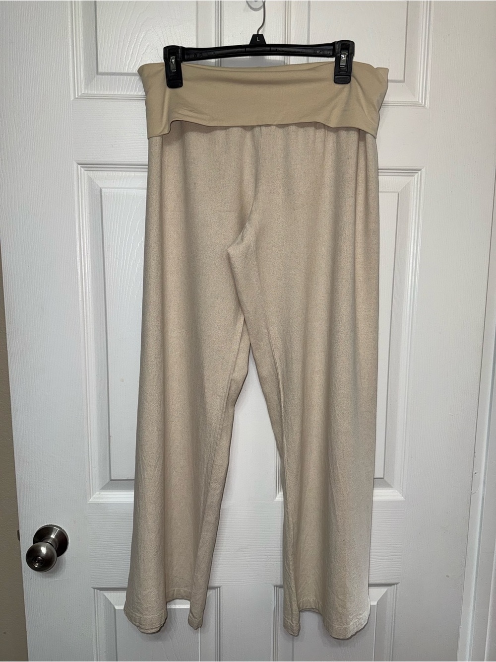 Linen Blend Fold-Over Waist Wide-Leg Pants - Beige